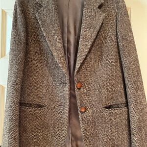 Womens Brown Herringbone Wool-Blend Blazer